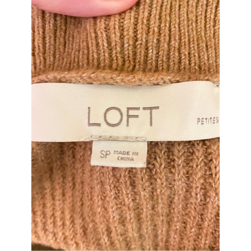 Loft Open Front Cardigan Camel Sweater Ribbed Knit Material Cozy Warm SZ SP - Picture 4 of 5